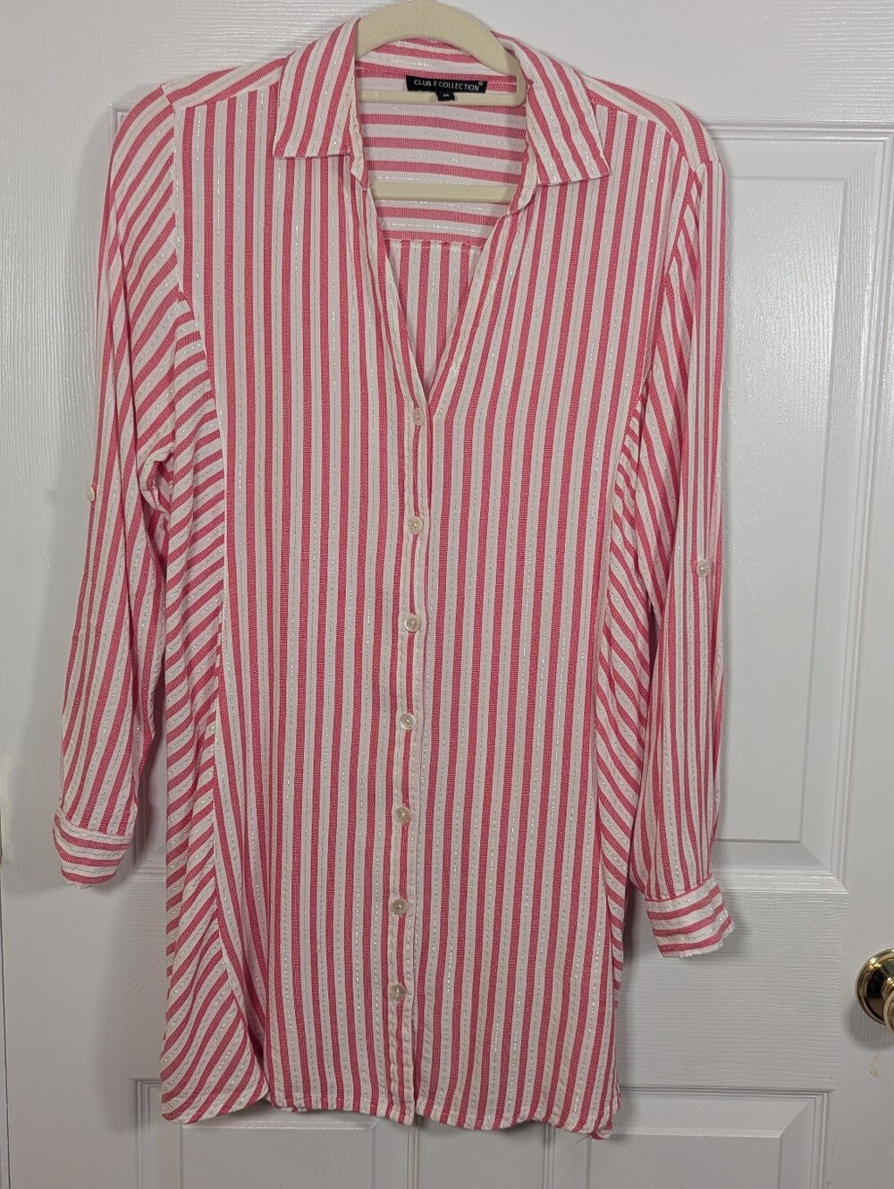 Club Z Collection Pink Metallic Stripe Button-Front Tunic – Size M